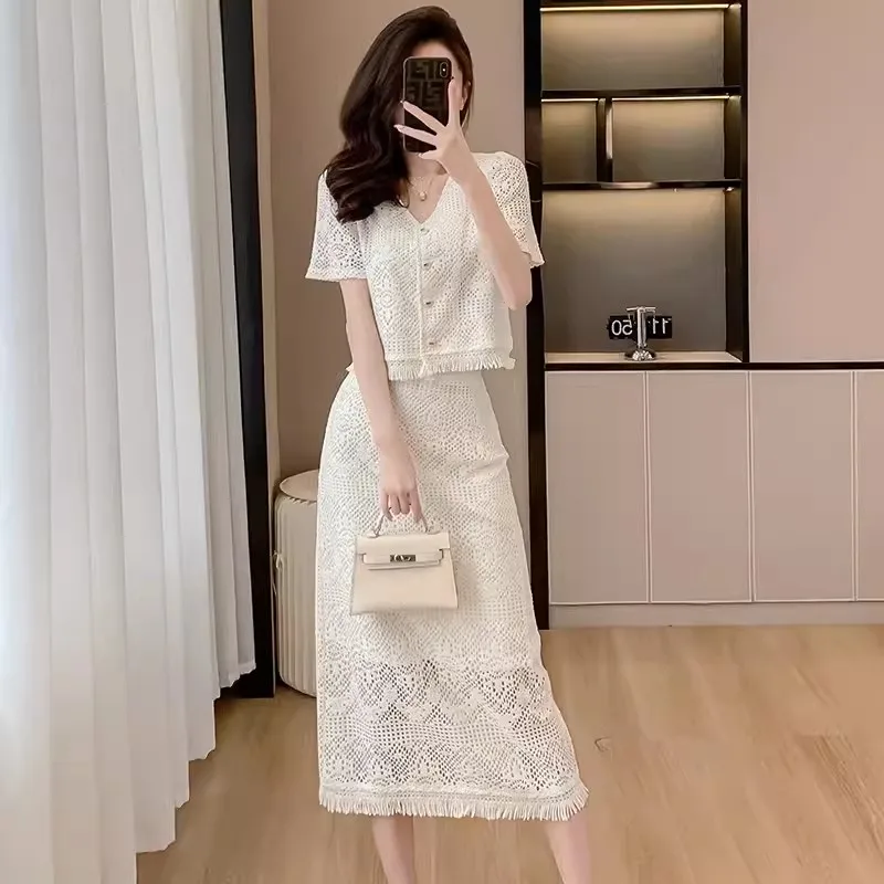 

New Korean Spring Summer Women 2 Pieces Set Single-Breasted Short Tops+Vintage Midi Pencil Skirt Sets Lace Tassles Beach Suit