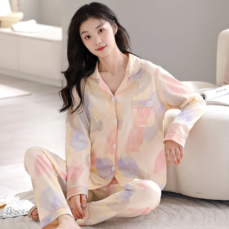 2024 neue Pyjama Frauen Frühling Herbst reine Baumwolle Nachtwäsche Langarm Cartoon Lounge wear niedlich locker sitzende V-Ausschnitt Homewear Set