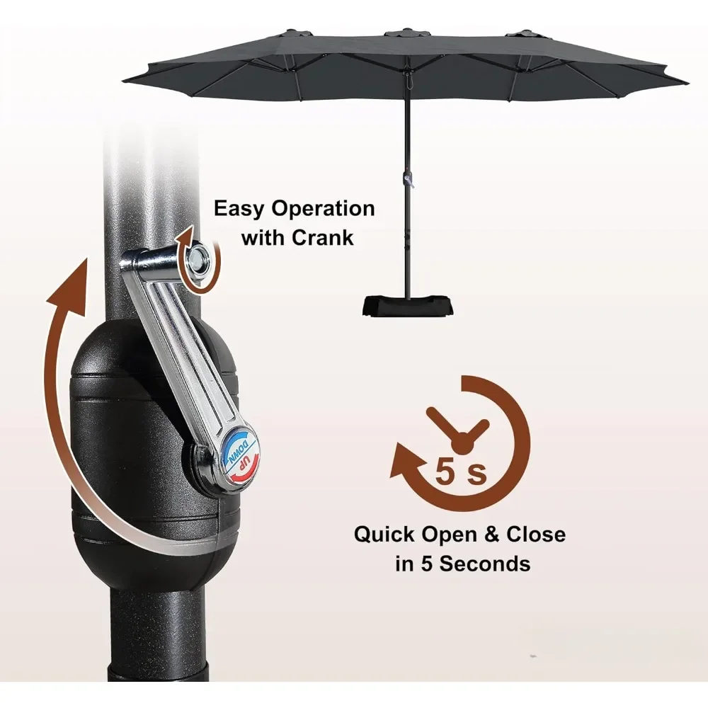 Parasol de terrasse avec base, 12 os, 12 pieds, rectangulaire, aluminium, manivelle, grand, double face, extérieur, jardin