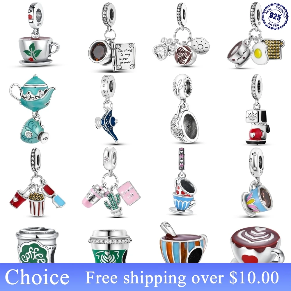 

High quality 925 Sterling Silver Teacup Coffee Pendant Beads Fit Original 925 Fine Bracelets Charms DIY Women Jewelry Making