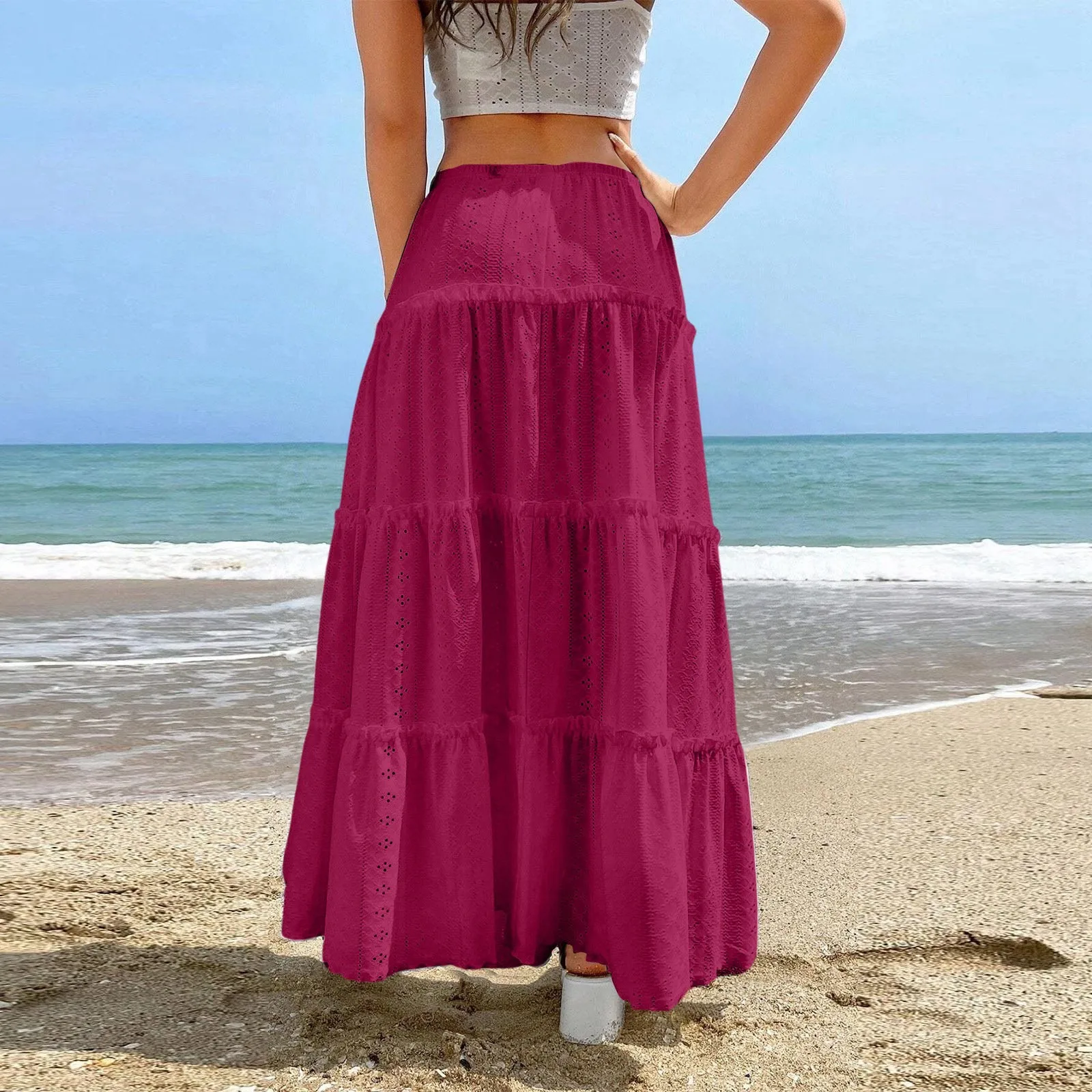 Vintage Solid Ruffles Maxi Skirt Women Summer Casual Elastic High Waist Cotton Long Skirts Female Retro Chic Boho Half Dress