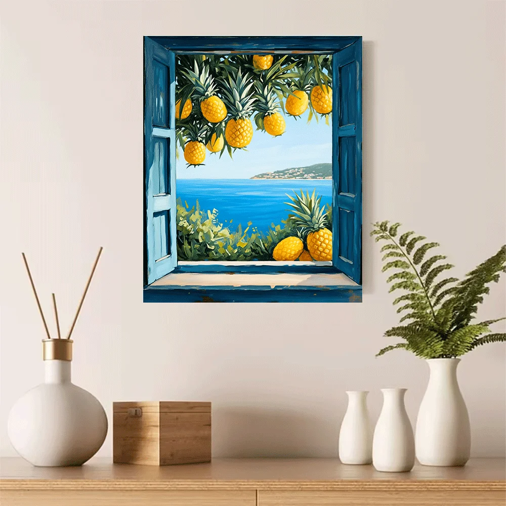 1PC-Unframed Canvas poster wall decoration  Tropical Pineapple Ocean View Window Scene Art Print