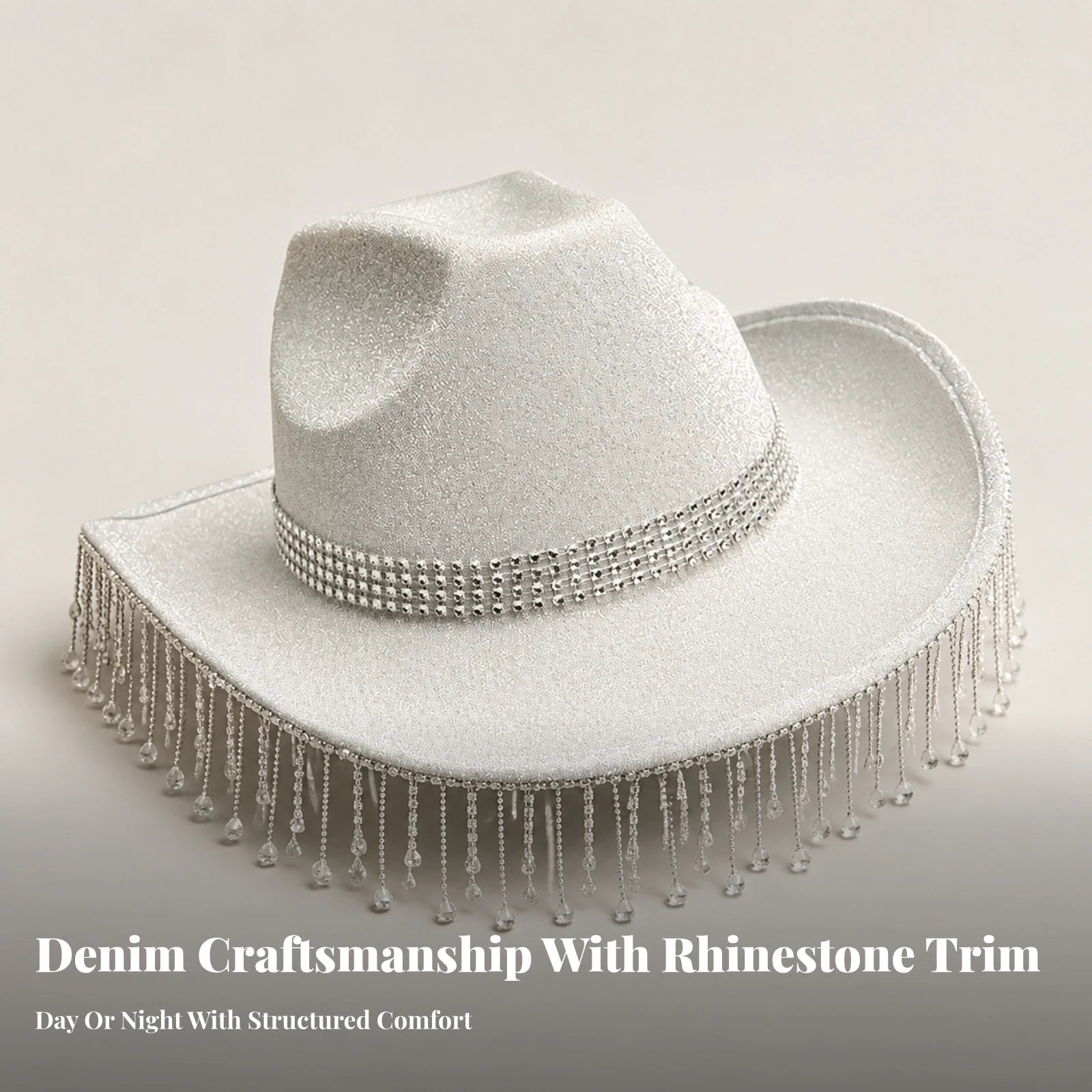 White Denim Cowboy Hat Fashionable Cowboy Hat with Rhinestone Hatband Versatile Long-Lasting for Themed Events, Parties