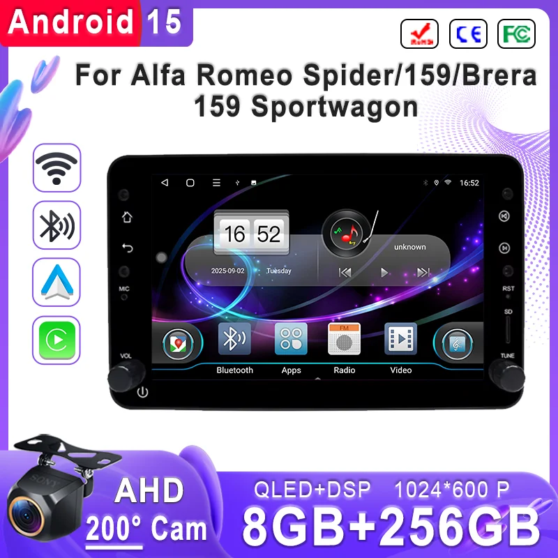 Android 15 Radio estéreo para coche Alfa Romeo Spider/159/Brera 159 Sportwagon reproductor Multimedia GPS 1DIN unidad principal Carplay + RDS automático