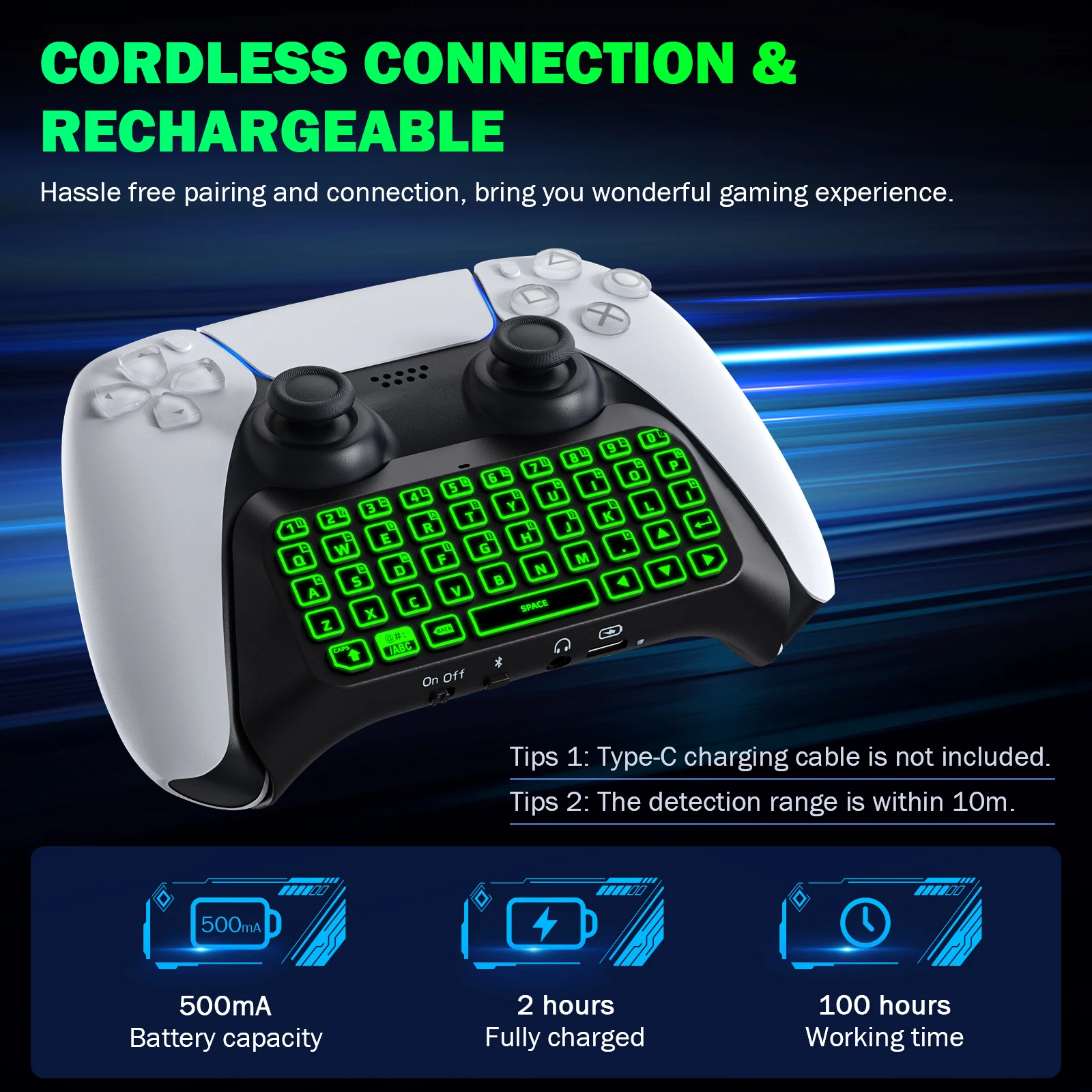 MoKo Keyboard for PS5 Controller with Green Backlight,Bluetooth Wireless Mini Keypad Chatpad for Playstation 5,Built-in Speaker