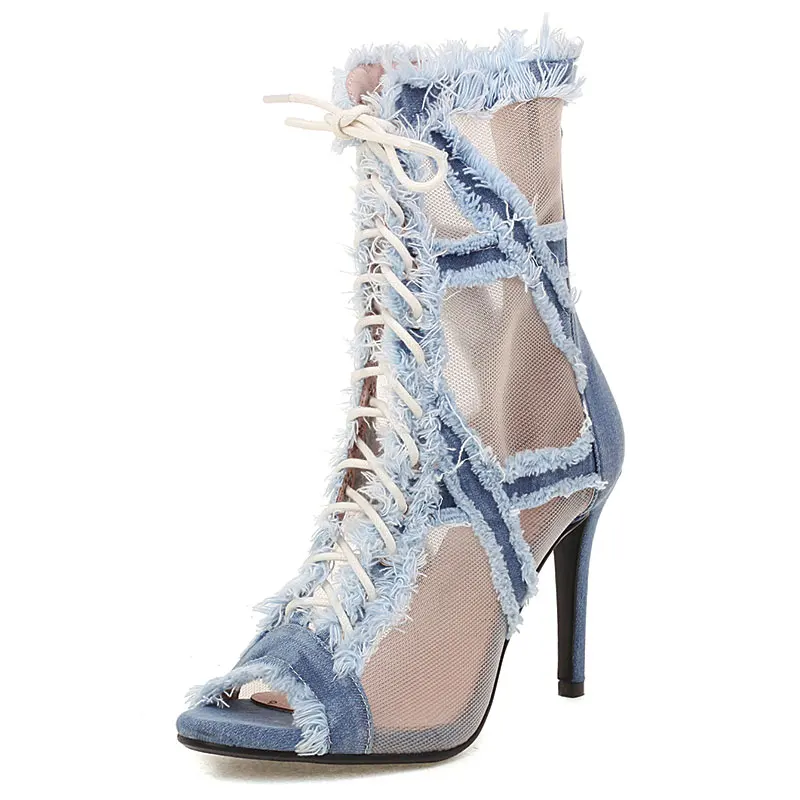 Lasyarrow Bohemian Brushed Denim Mesh Ankle Boots Size 46 Open Toe Sexy Womans Summer Shoes High Heels Lace Up Gladiator Sandals