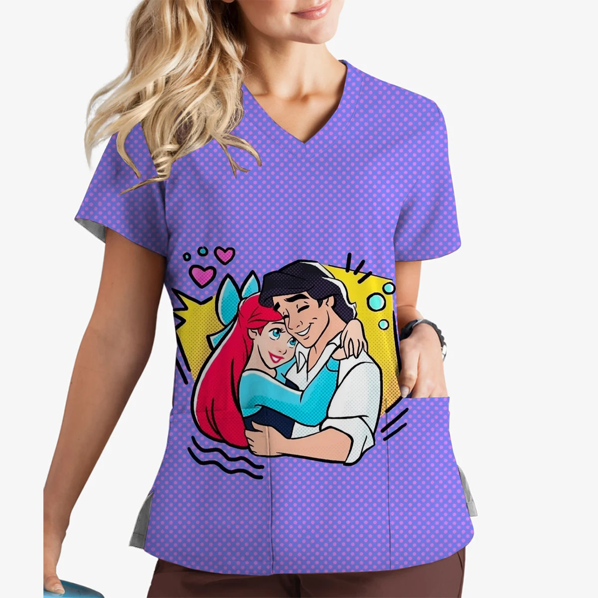 جديد المرأة فرك القمم الملابس الطبية بلوزات على شكل حرف v ديزني حورية البحر الأميرة ارييل مطبوعة ملابس العمل الملابس النسائية تي شيرت