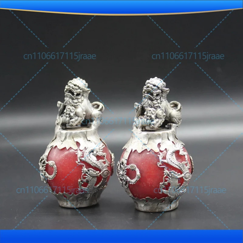 A pair Chinese old Tibet silver hand carved Armor Jade Dragon Lion Statue home decor
