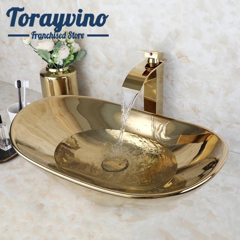 TORAYVINO Bathroom Basin Sink Faucet Set Shiny Gold Artistic Oval Ceramic Vessel Sink with Waterfall Single Handle Faucet Mixer