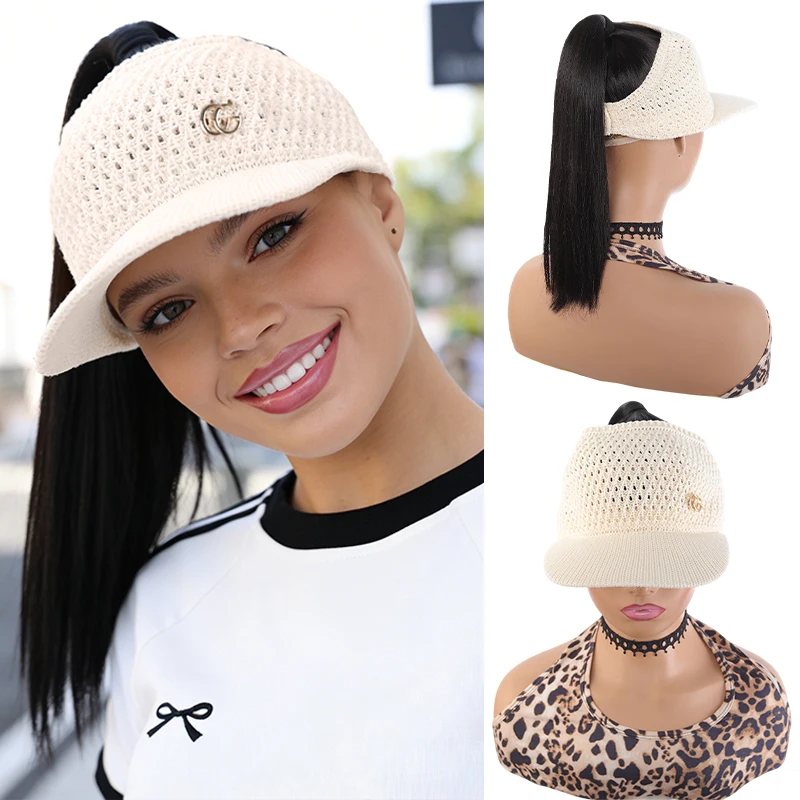 Beige Hollow - out Visor Wig with Straight Ponytail, Synthetic Fiber, Breathable & Lightweight, Easy to Wear for Summer, Gym & D