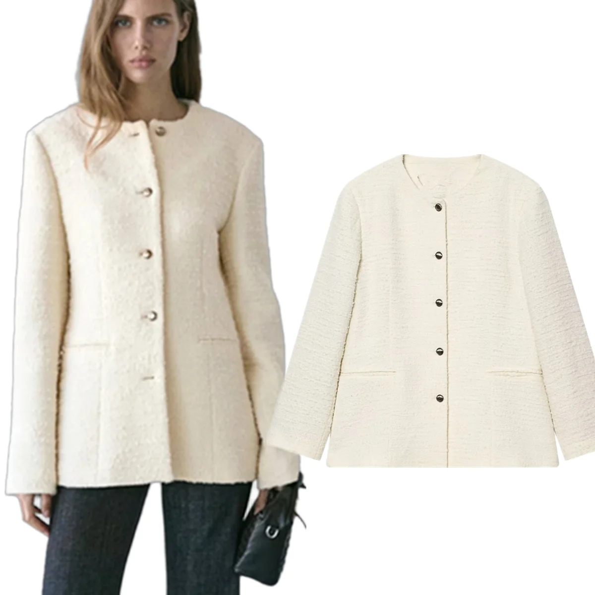 เจนนี่&เดฟเสื้อแจ็คเก็ตผู้หญิงสไตล์มินิมอลสีเบจแบบฝรั่งเศส เสื้อผ้าผู้หญิง เบลเซอร์ผู้หญิง กระดุมแถวเดียว คอทรงกลม เสื้อสูทสำหรับผู้หญิง