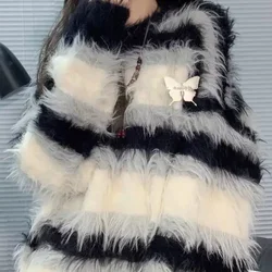 American retro striped sweater women's autumn and winter new fashion temperament wear plus size loose mink hair with sweater.