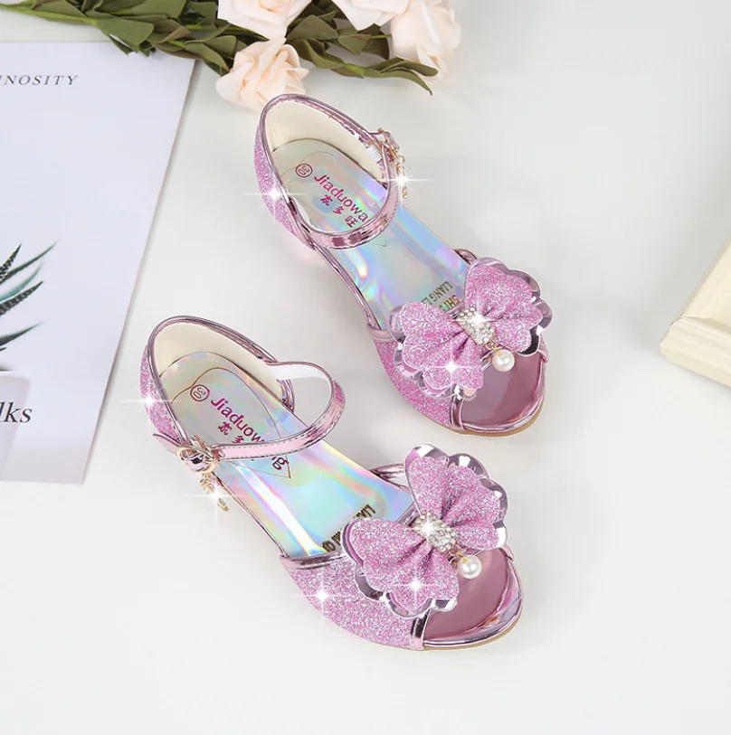 5 Colors Children Princess Sandals Kids Girls Wedding Shoes High Heels Dress Shoes Bowtie Gold Pink Blue Silver Shoes For Girls