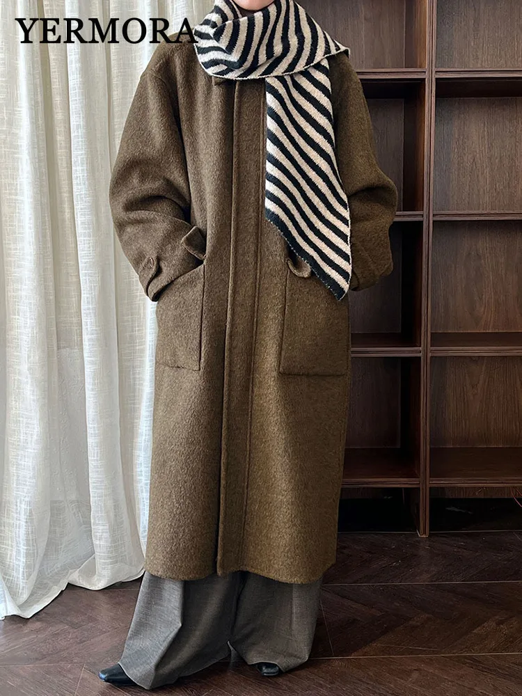 

YERMORA женское коричневое пальто с карманами на пуговицах, толстое повседневное шерстяное пальто с лацканами и длинными рукавами, новое свободное пальто, модное пальто, осень-зима 2025