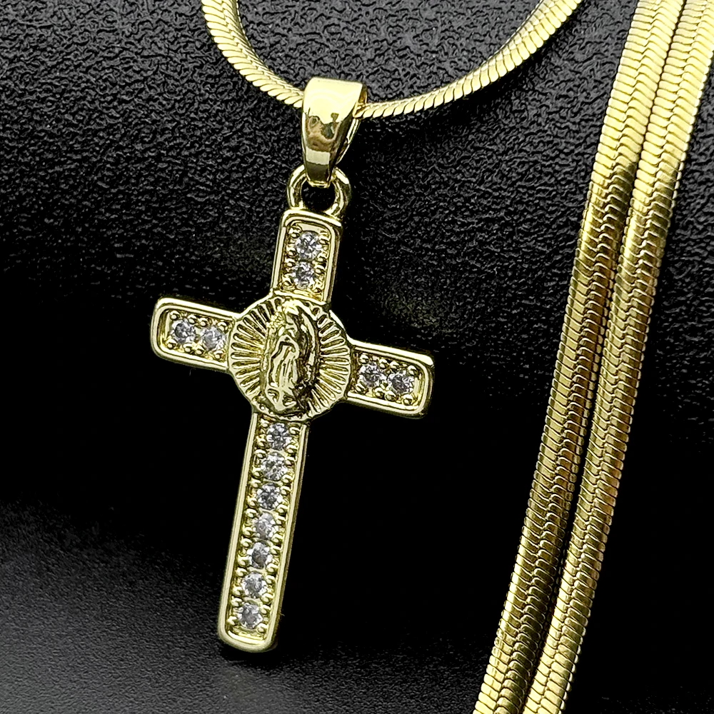 

Catholic Virgin Mary Cross Zircons Copper Pendant Necklace for Women Men Stainless Steel Chain Gold Color Guadalupe Jewelry