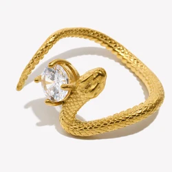E.B.belle Square Zirconium Plate Snake Shaped Ring 316L Stainless Steel Accessories 18K Gold Plated Decoration