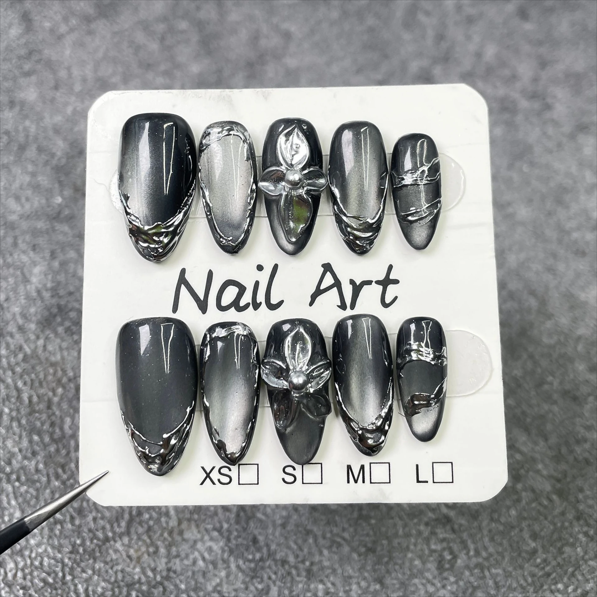 

10 шт., черный кошачий глаз, миндаль, ручная работа, пресс для ногтей, 3D цветок, накладные ногти, носимые наклейки, накладные ногти 네일 отличаются