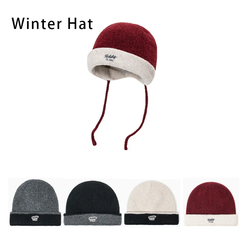 Urban Stylish Unisex Winter Hat With Fixed Tie Two-Tone Lettered Slouchy Beanie Hat Folded Cuff Color Block Wool Blend Knit Hat