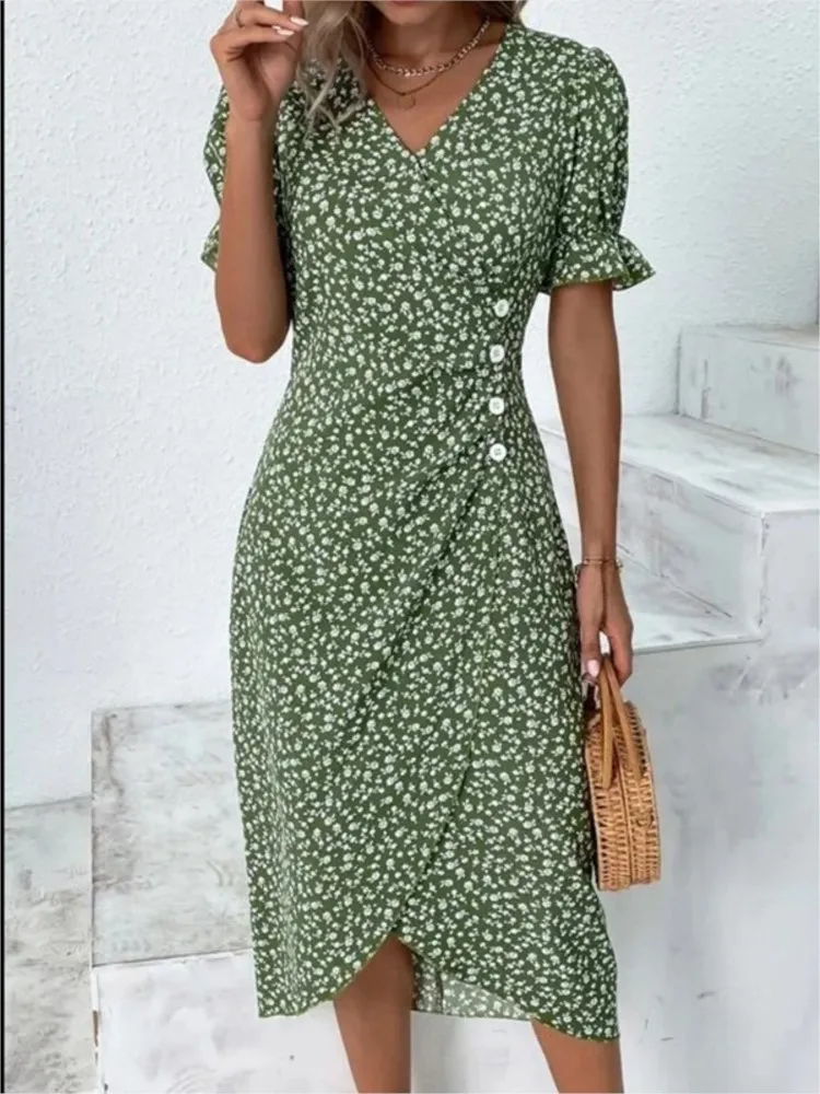 New Women\'s V-neck Floral Irregular Printed Dress Summer Fashion Short Sleeve Elegant Casual Female Office Party Dresses Robe