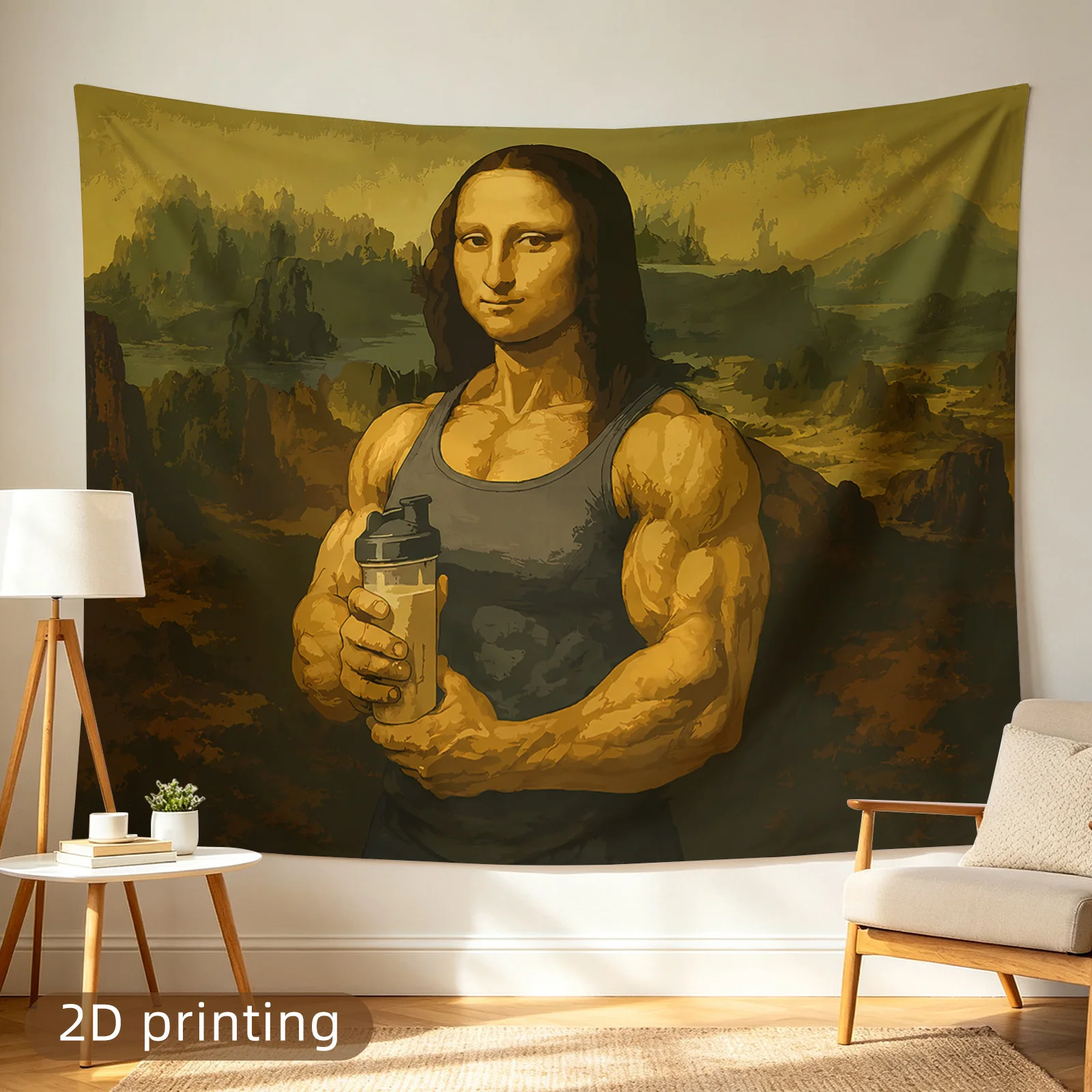 Epic Muscular Man Holding Shaker Bottle Landscape Tapestry Wall Hanging for Gym or Man Cave Decor