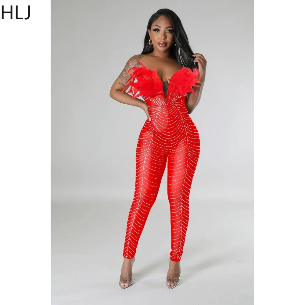 HLJ Sexy Feather Luxury Rhinestone Bodycon Jumpsuits Women Mesh Sleeveless Slim Party Nightclub Rompers Female One Piece Overall