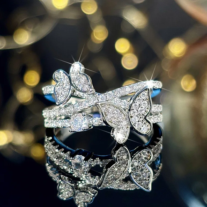 BKBK Silver Multi Layer Cross Pave Zircon Butterfly Split Shank Women Rings Engagement Wedding Rings Anti-Oxidation Fashion Jewelry, Hypoallergenic Dazzling Sparkle Comfort Fit Gift for Ladies Valentine Xmas Birthday Party Daily Dating Occasions