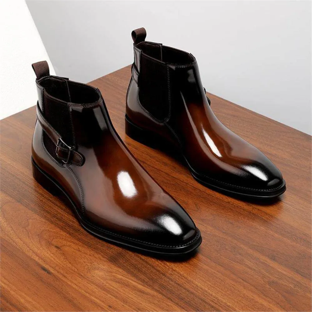 Genuine Leather Mens Boots New Premium British Style Pointed Toe High Top Shiny Leather Boots Business Casual Ankle Boots