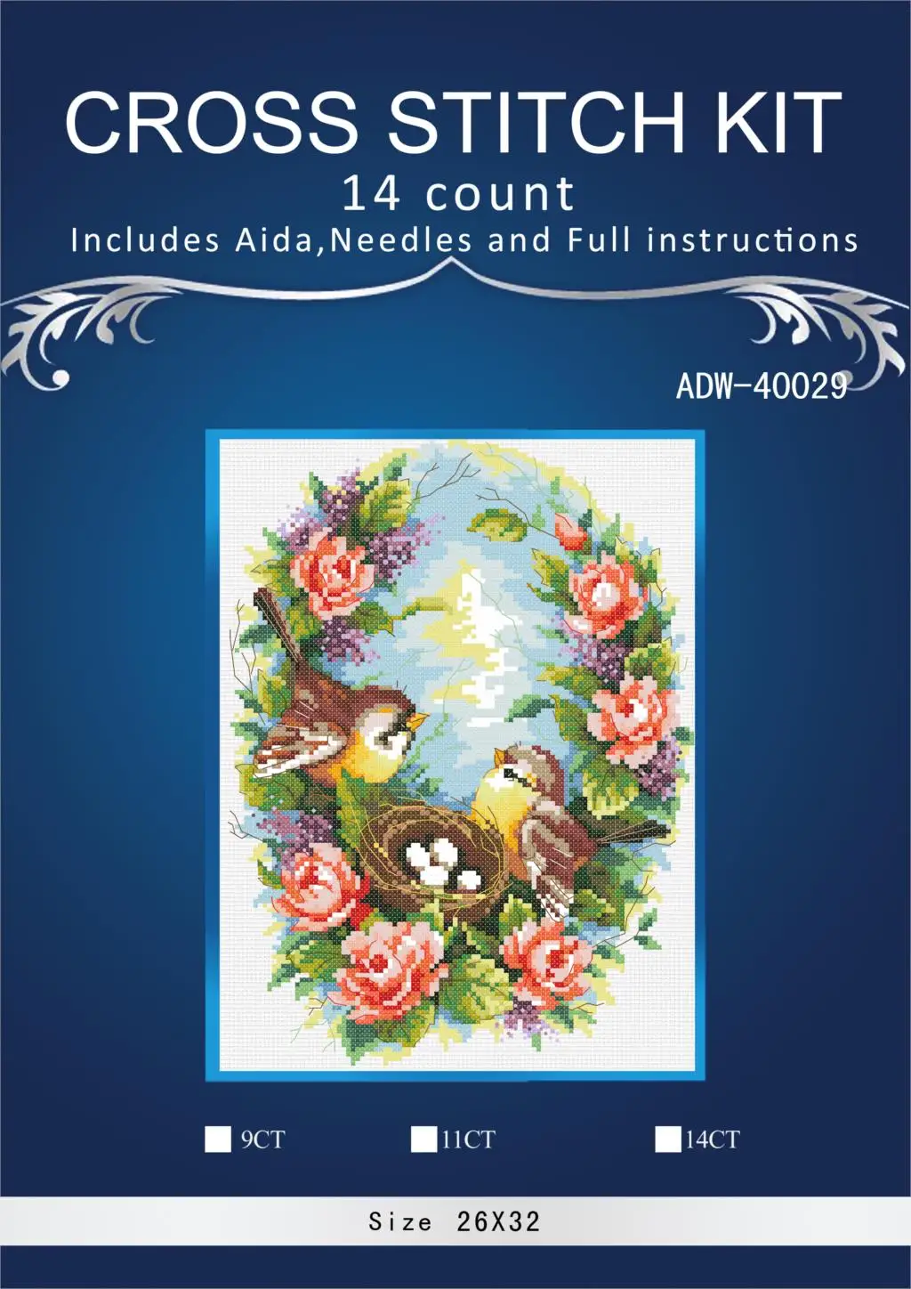 Oneroom-DIY cross stitch kit, embroidery kits, flowers in the nest, 11ct and 14ct