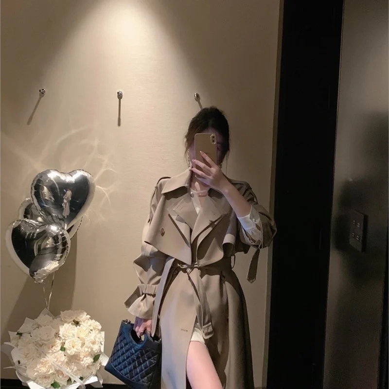 

Новое пальто цвета хаки, женский плащ длиной выше колена с талией, повседневное