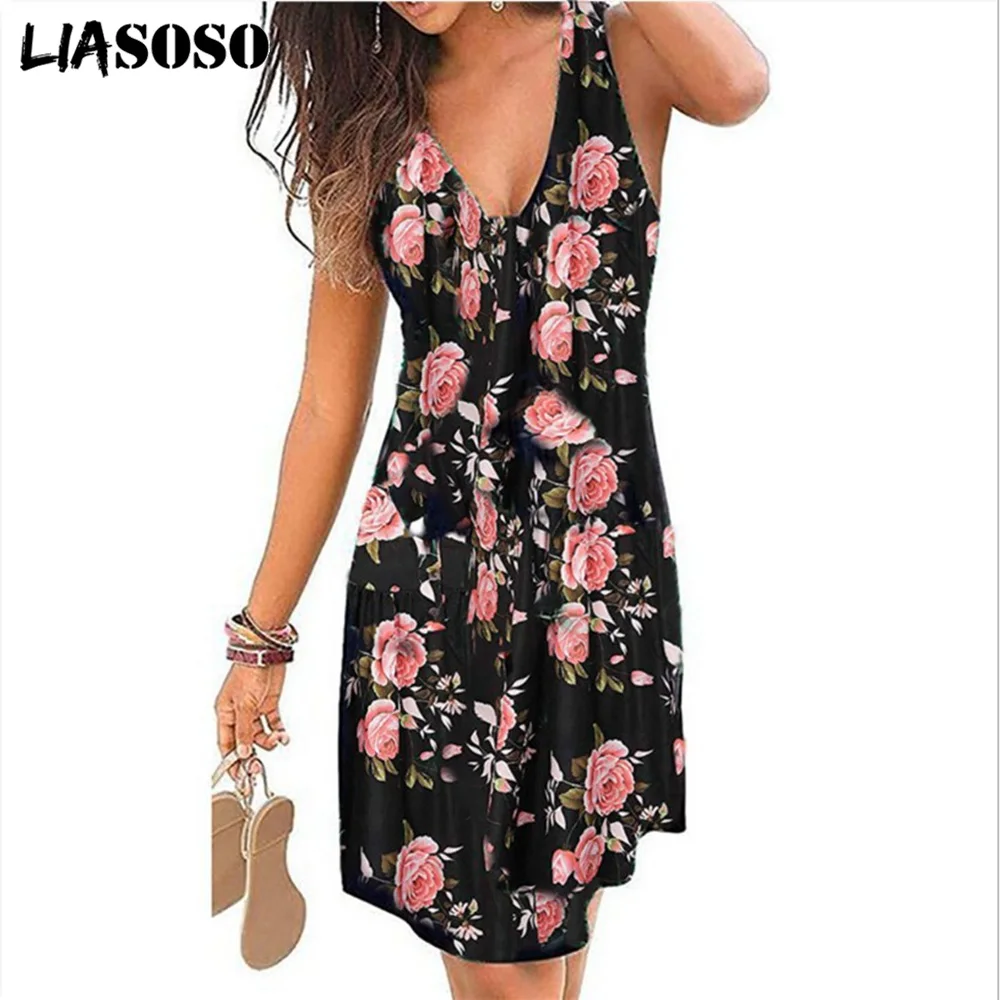 LIASOSO-Vestido corto de verano con estampado 3D para mujer, traje Sexy bohemio sin mangas con cuello en V, corte en A, informal, 2023