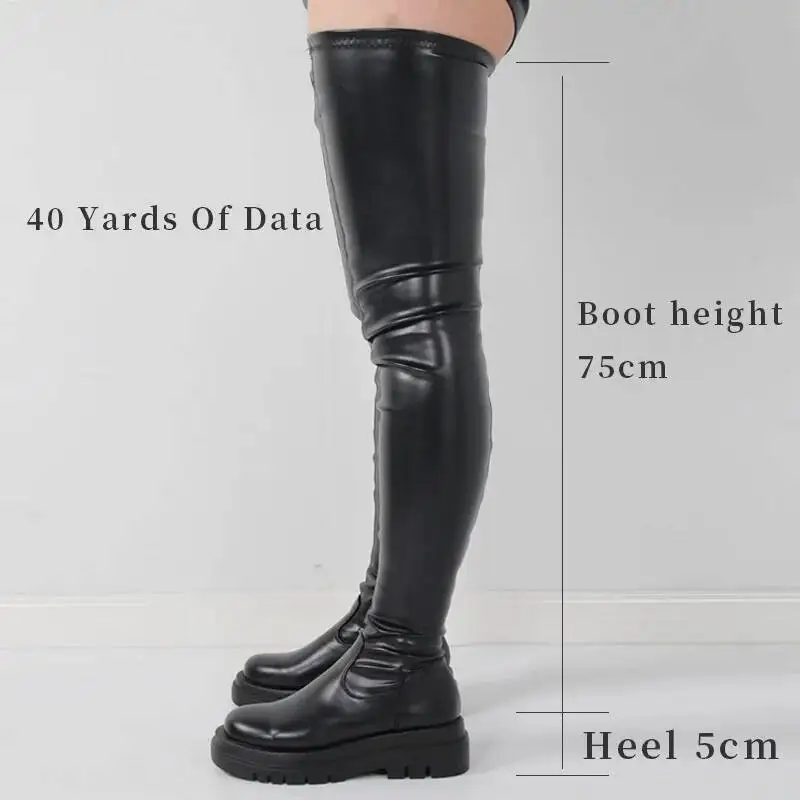 Low Heels Comfortable Platform Women\'s Over The Knee Boots Black Thick Sole Long Boots With Side Zip
