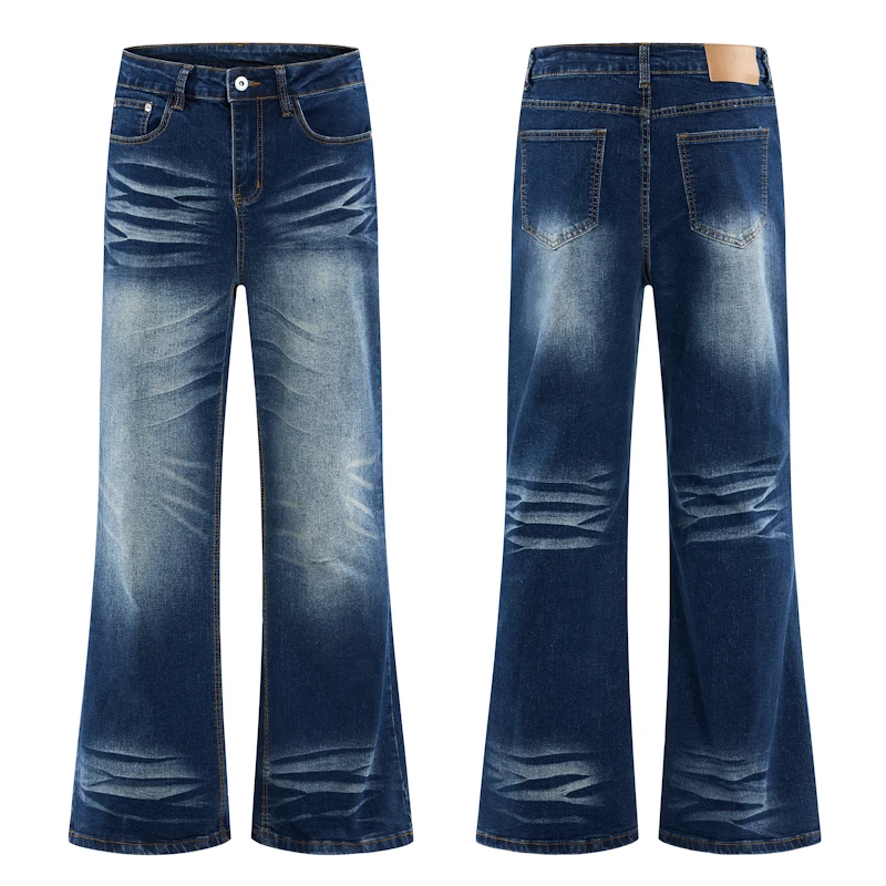 Calça Jeans Micro Flare Slim Fit de Cintura Alta Unissex, Estilo Americano Desbotado, Confortável e Elástica, para Uso Casual