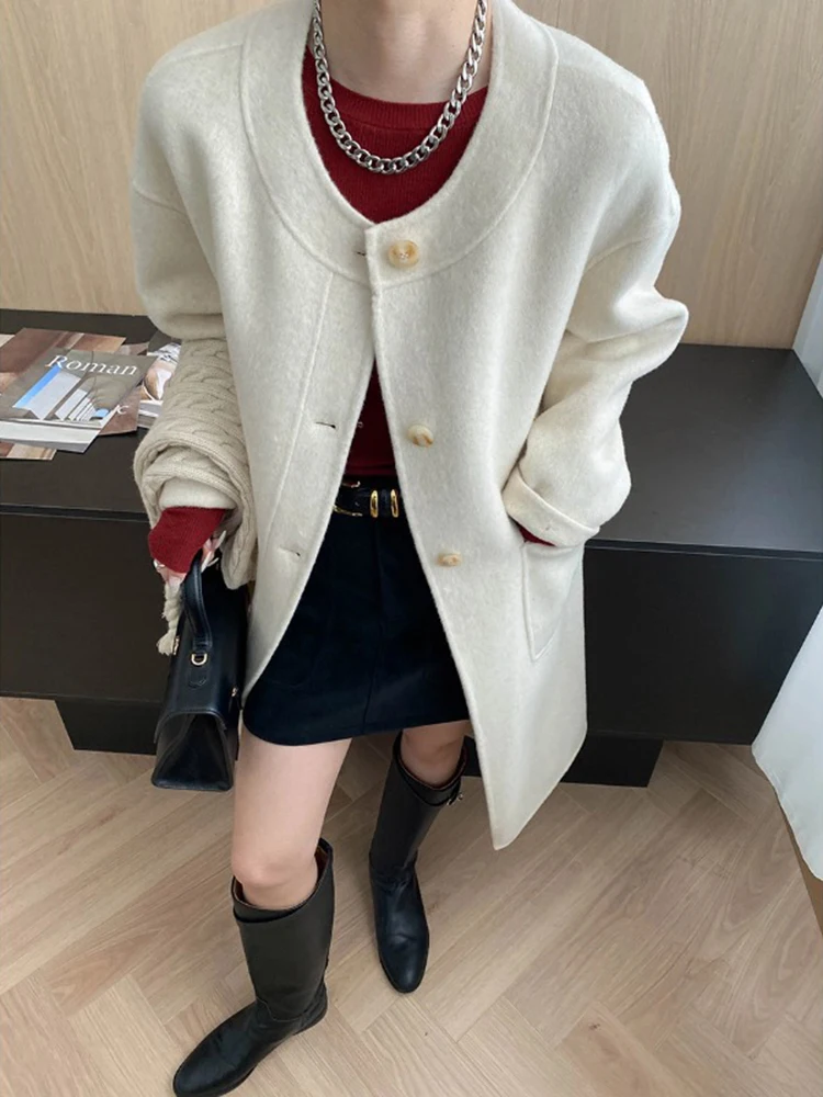 FANAN 럭셔리 니트 스카프 칼라 디자인 울 코트 여성용 싱글 브레스티드 두꺼운 따뜻한 외투 오피스 레이디 의류 겨울 신상