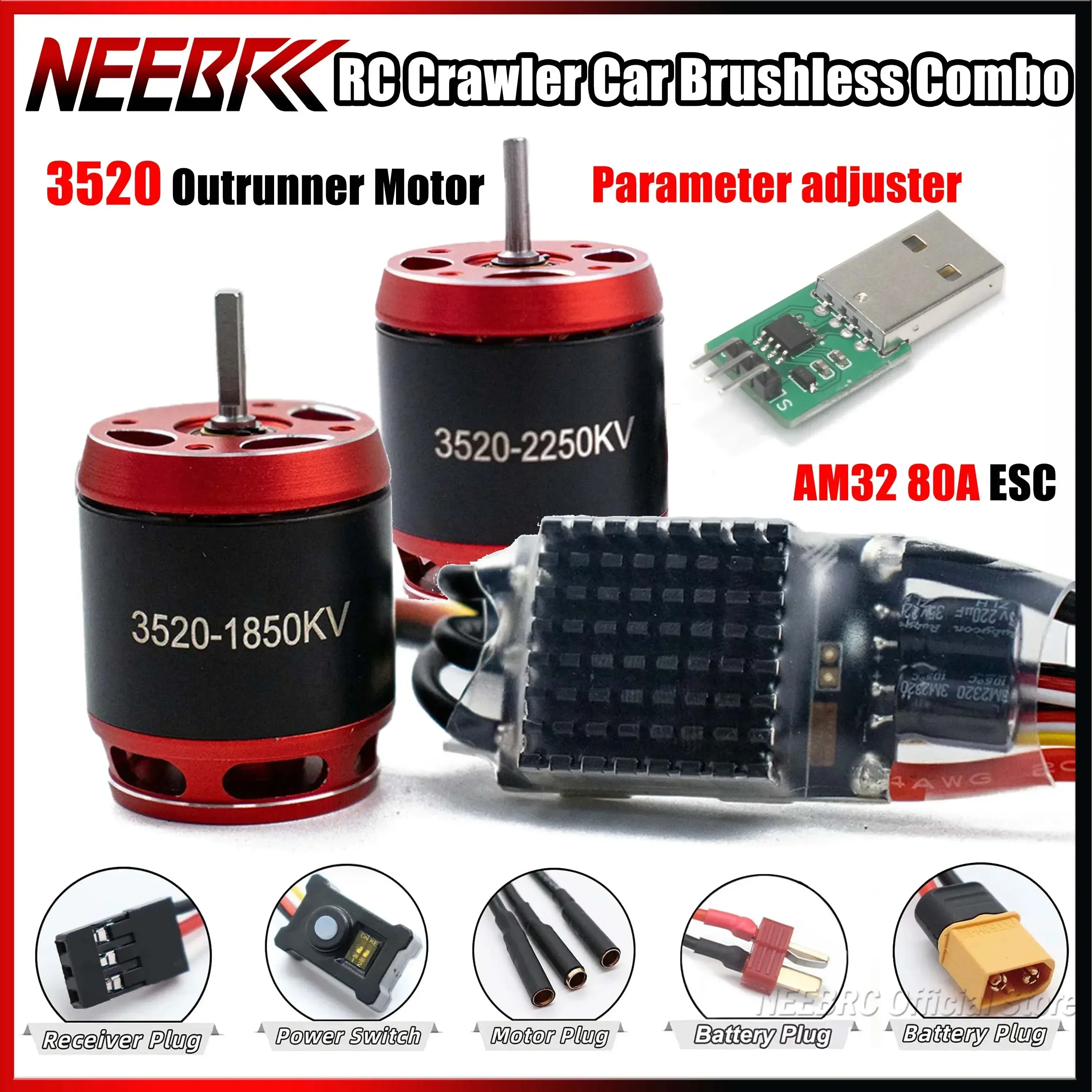 

NEEBRC AM32 RC Crawler Car Brushless Combo 80A ESC BEC Programming 3520 Outrunner Motor Adjuster for Axial Traxxas SCX10 TRX4