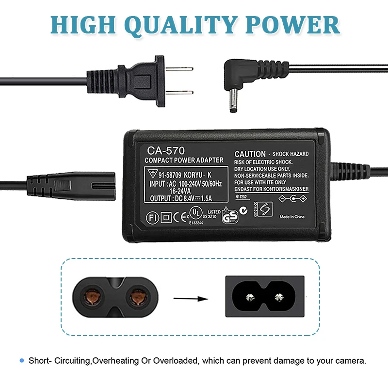 CA-570 AC Power Adapter Charger for Canon XA10 XA35 HV10 HV40 CX10 CX15 HG10 HG21 FS20 FS22 ZR60 DC40 Camcorder –CA570 8.4V/1.5A