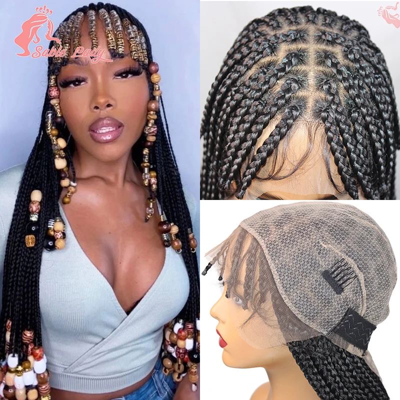 

32" Braid Front Bangs Braided Wigs Synthetic Full Lace Front Wig Knotless Box Braid Wigs For Black Women Black Braiding Hair Wig