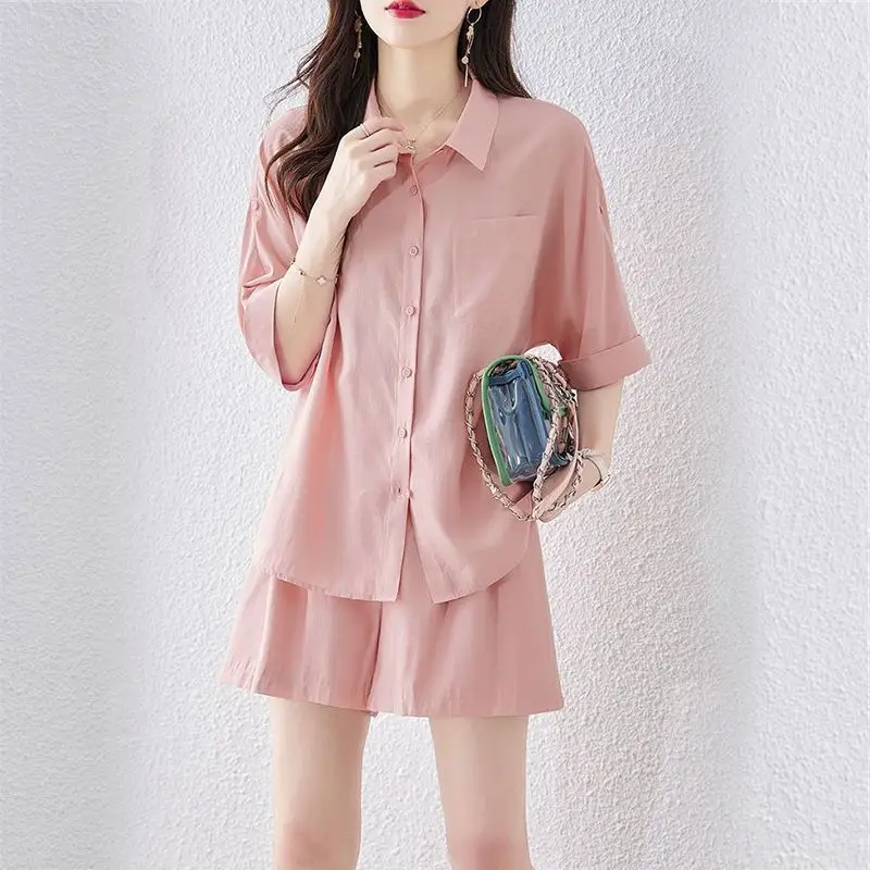 Women's Designer Style Two Piece Set Short Sleeve Loose Blouse High Waist Wide Leg Shorts Elegant Outfit