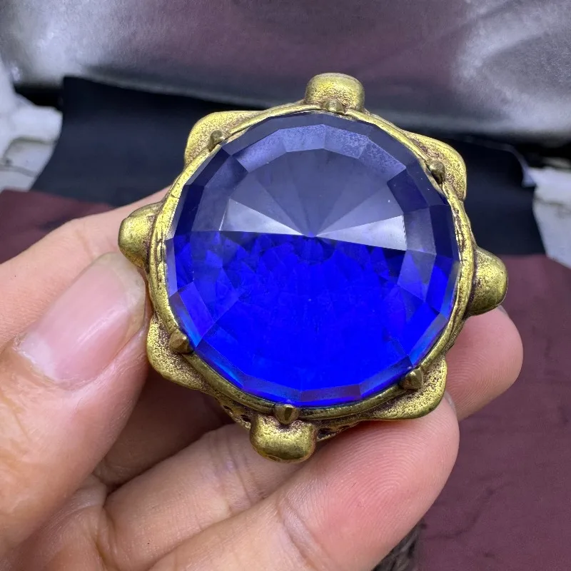 Oversized Hollow Statement Ring 30mm, Inlaid Lab Created Blue Multicolor Gemstone Luxury Elegant Unisex Fashion Finger Jewelry