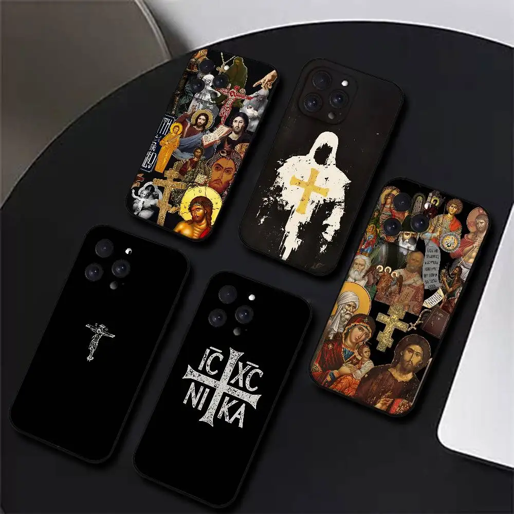 Funda de teléfono con icono cruzado ortodoxo para Iphone 17 16 15 11 13 14 Pro Max X Xr Xs Max 12mini, funda negra