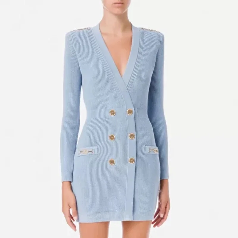 Damen-Strickkleid aus Baumwolle mit V-Ausschnitt, langärmeliges Etuikleid, Minikleid
