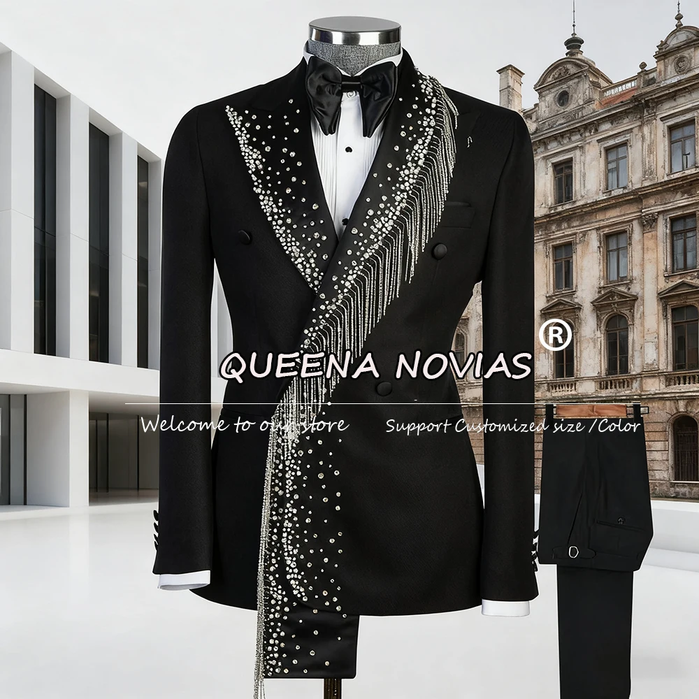 

Luxury Beaded Suits Men Formal Party Groom Wedding Tuxedos Customized Double Breasted Jacket Pants 2 Pieces Man Business Blazers