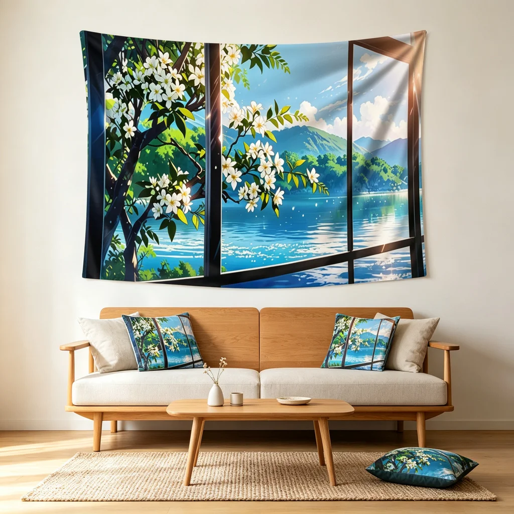 1PC Anime Window Flower Lake Print Backdrop Banner, Bedroom Living Room Photo Background, Polyester, Home Decor, Wall Art