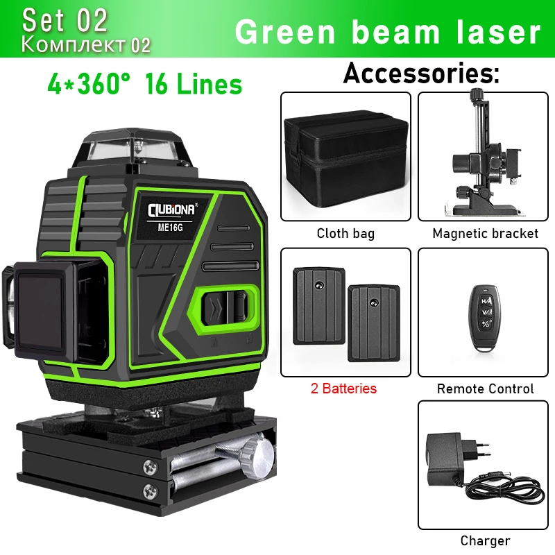 Clubiona 4d 16 Lijnen Laserniveau 4000Mah Li-Ion Batterij Externe Pulsmodus Superkrachtige Groene Stralen Professionele Nivel Laser