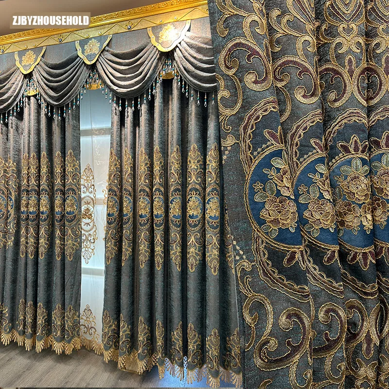 

New Luxury High-end European Curtains for Living Dining Room Bedroom Finished Fabric Chenille Embroidery Villa Palace Luxury