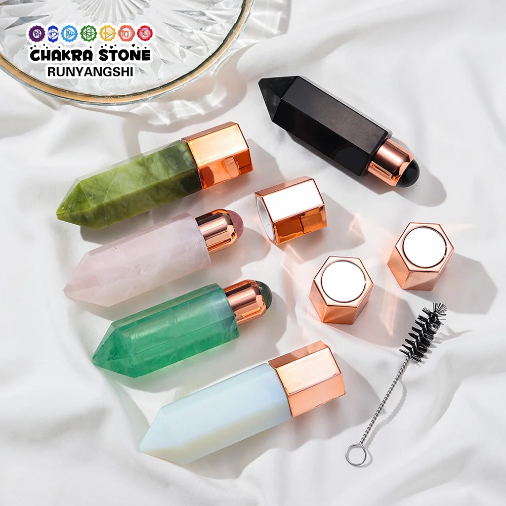 

Facial Beauty Natural Healing Rose Quartz Obsidian Crystal Column Perfumes Essential Oil Roller Bottles Mother's Day Women Gift