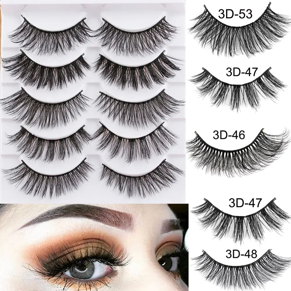 SKONHED 5 Pairs Reusable Handmade Full Strips Natural Long 3D Faux Mink Hair Wispy Fluffy False Eyelashes Thick Cross