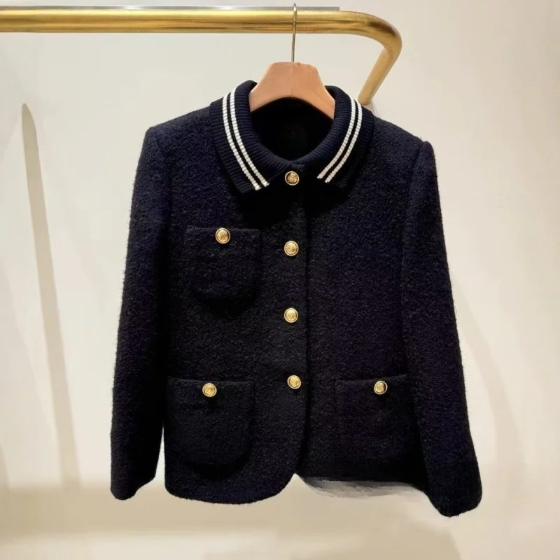 

Вязаное твидовое пальто для женщин с полосатым воротником на одной пуговице, осень-зима, новое пальто прямого кроя для колледжа