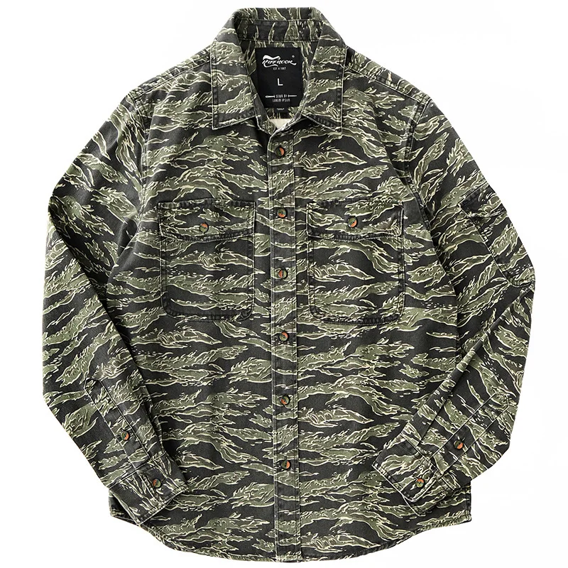 AMEKAJI-Men\'s Tigerpattern Camouflage Training Shirt Long-sleeved Washed Military Retro Heavyweight Casual Clothing Outdoor Camp