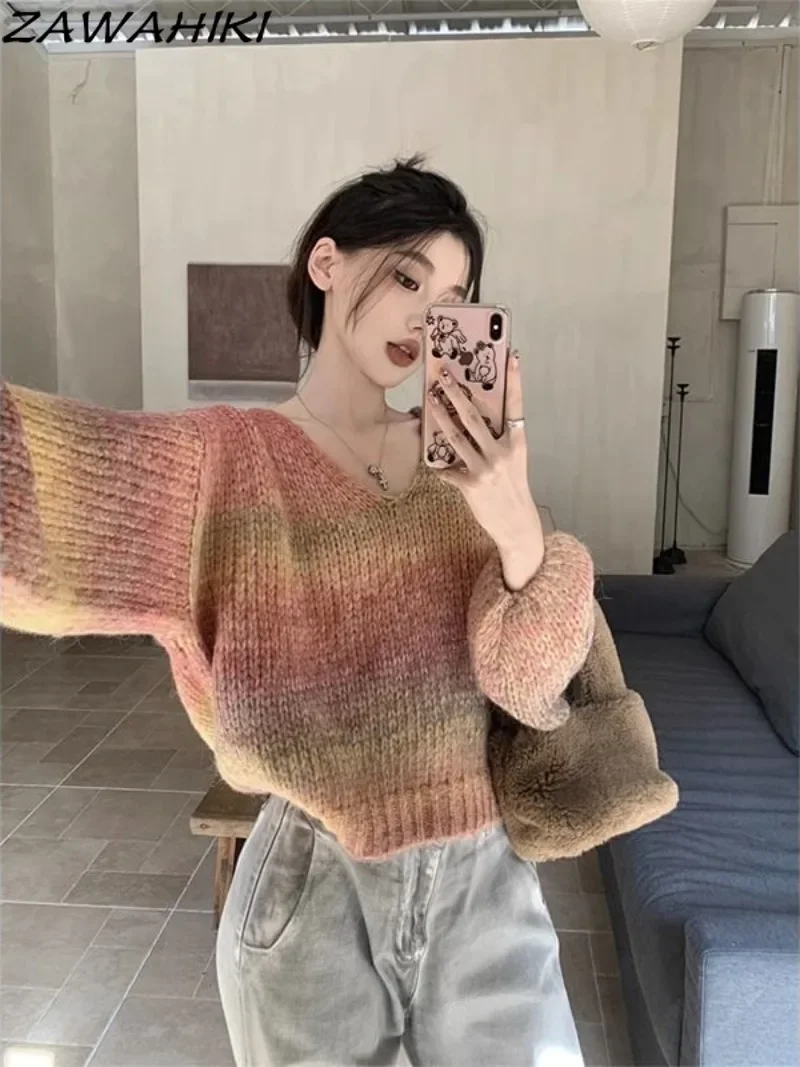 Vintage Japanese Sweet Contrast Color Gradient V-neck Long Sleeve Sweater Women Loose Fall Knitted Y2K Aesthetic Pullovers