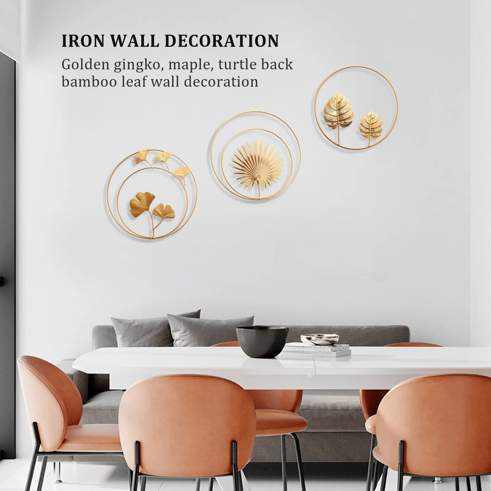 ABKJ-Iron Wall Decor,Gold Ginkgo,Maple,Monstera Leaf Wall Decor Round Wall Ornaments,For Bedroom Hanging Hotel Wall Decor